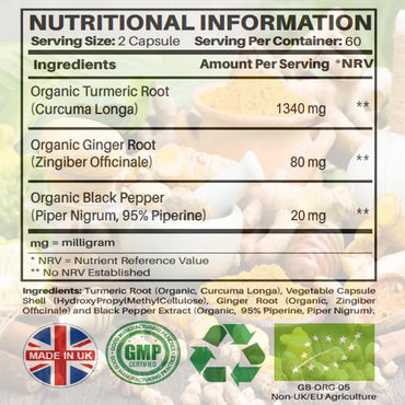 Organic Turmeric Capsules High Strength 1440mg | 120 Capsules with Black Pepper, Ginger & Active Ingredient Curcumin