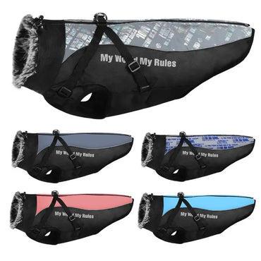 Xl-6xl Winter New Reflective Pet Clothing Dog Warm Fur Collar Black Cotton Coat Pet Jacket Large Dog Clothing Pet Supplies