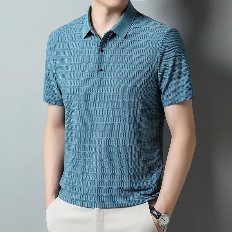 2024 Summer New High End Mesh Hollowed Out Ice Silk Short Sleeve T-shirt Men's Lapel Breathable Polo Shirt Men Brand Clothing