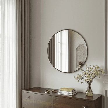 20in Round Wall Mirror High Definition Aluminum Alloy Frame Hanging Vanity Bathroom Mirror Home Living Room Bedroom Decor