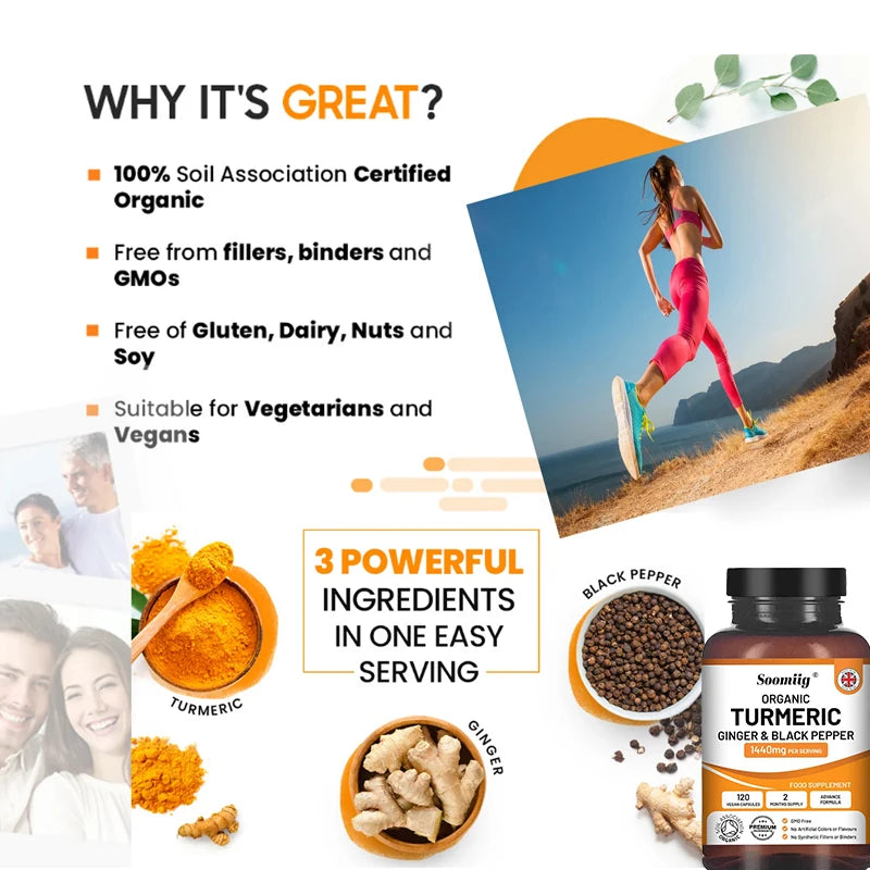 Organic Turmeric Capsules High Strength 1440mg | 120 Capsules with Black Pepper, Ginger & Active Ingredient Curcumin