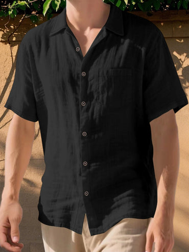 Men s Lightweight Linen Short Sleeve Button-Down Shirt Casual Solid Color Breathable Summer Tops Loose Fit Lapel Collar