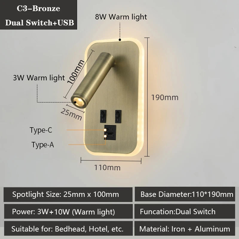 Modern Versatile LED Wall Sconce Lamp with Dual USB Ports & Adjustable Side Reading Lights for Modern Bedrooms Studiesand Hotels