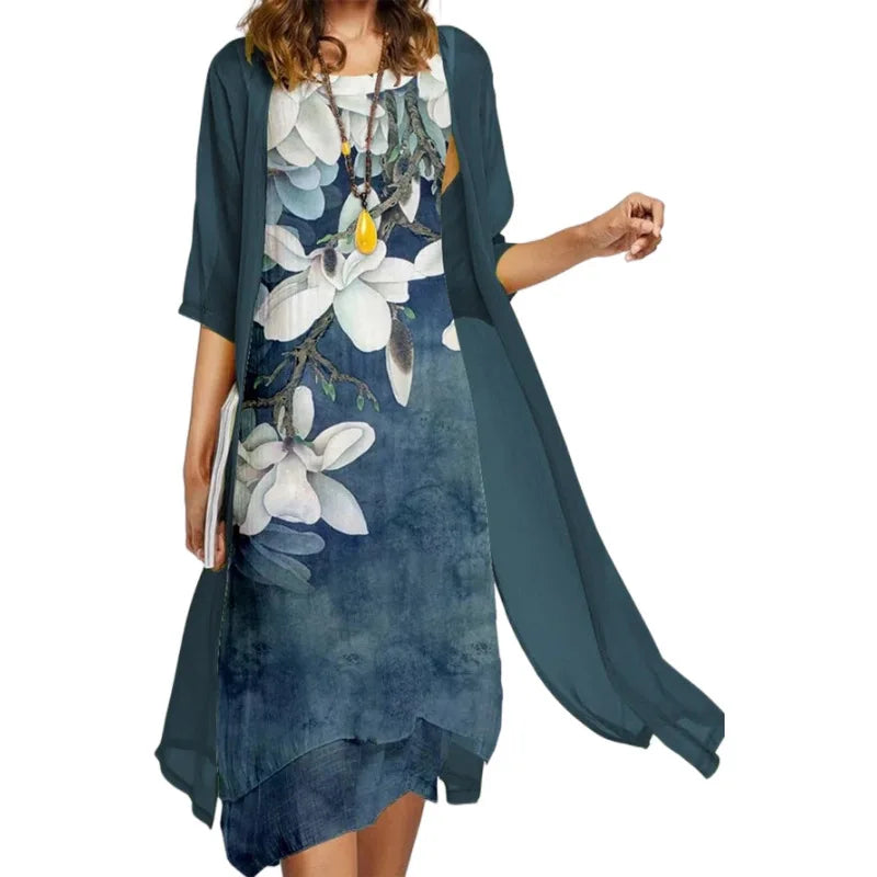 2024 Europe and the United States summer new women's casual dress two-piece set of printed round neck slim dress women
