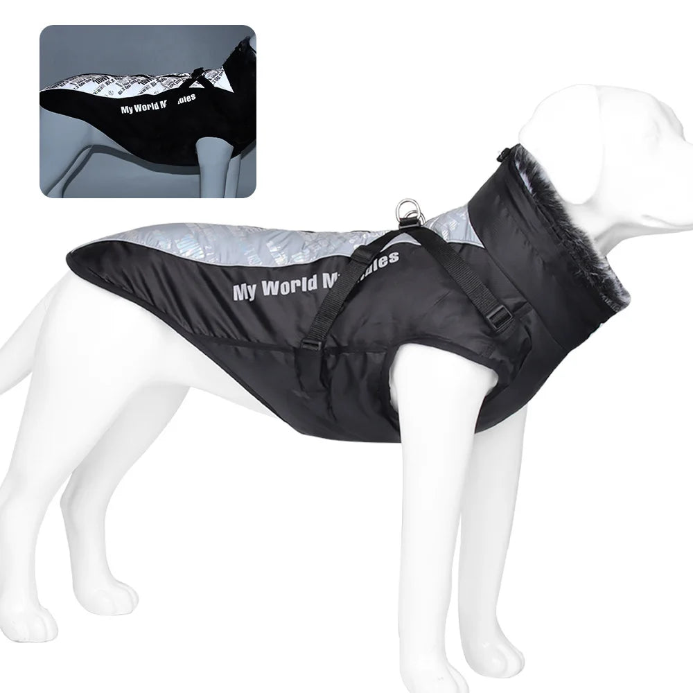 Xl-6xl Winter New Reflective Pet Clothing Dog Warm Fur Collar Black Cotton Coat Pet Jacket Large Dog Clothing Pet Supplies