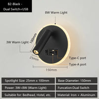 Modern Versatile LED Wall Sconce Lamp with Dual USB Ports & Adjustable Side Reading Lights for Modern Bedrooms Studiesand Hotels