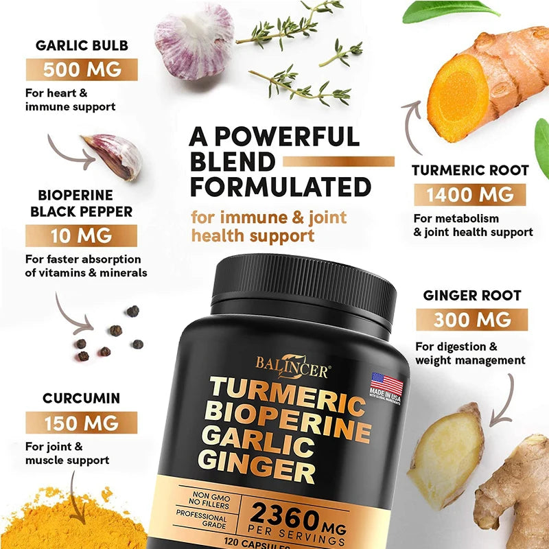 4-in-1 Turmeric and Garlic Supplements – 2360mg Turmeric Ginger Root Capsules with Garlic – High Potency Herbal Blend