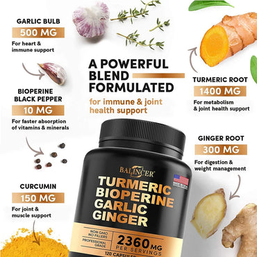 4-in-1 Turmeric and Garlic Supplements – 2360mg Turmeric Ginger Root Capsules with Garlic – High Potency Herbal Blend