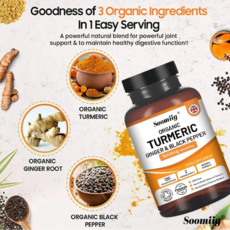 Organic Turmeric Capsules High Strength 1440mg | 120 Capsules with Black Pepper, Ginger & Active Ingredient Curcumin
