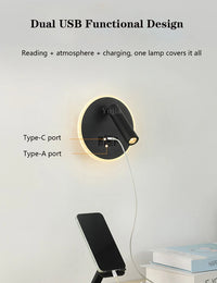 Modern Versatile LED Wall Sconce Lamp with Dual USB Ports & Adjustable Side Reading Lights for Modern Bedrooms Studiesand Hotels