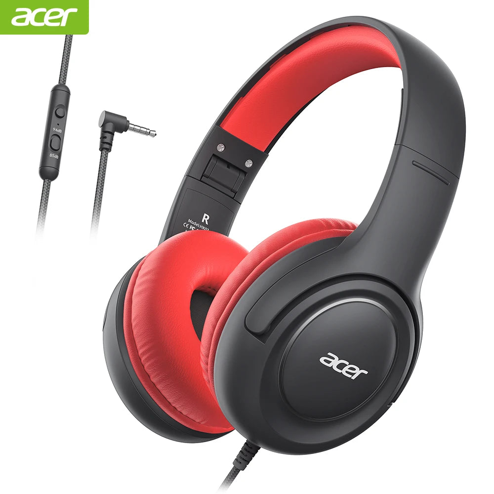 Acer Kids Headphones Wired for School 85/94dB Volume Limiter Foldable Stereo Sound Headset for Kids Learning Tablet IPad PC