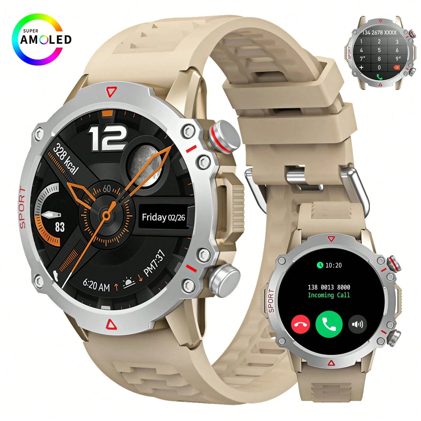 AMOLED SCREEN  Wireless Call, Multi-Sport Modes, Message Push, Remote Photo, Music Control, Outdoor Fitness Tracker|Sporty