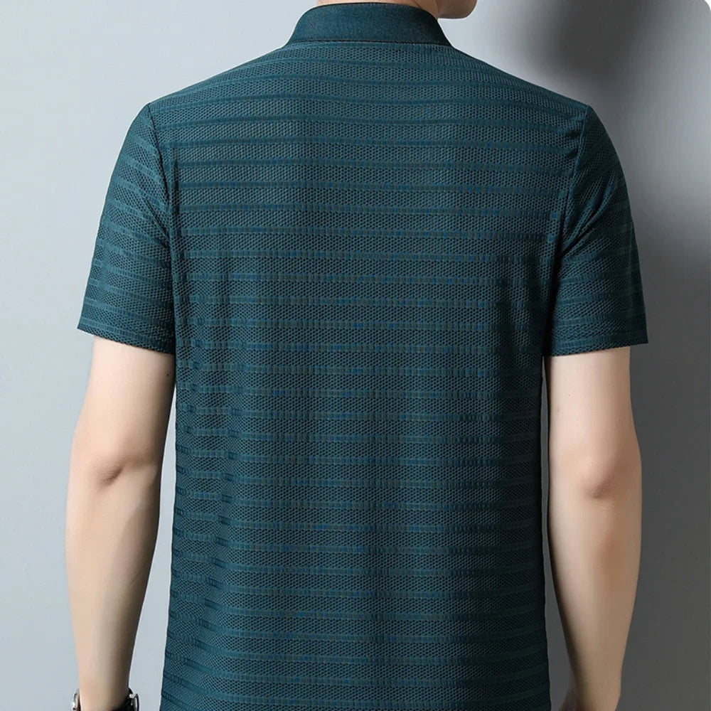 2024 Summer New High End Mesh Hollowed Out Ice Silk Short Sleeve T-shirt Men's Lapel  Breathable Polo Shirt Men Brand Clothing