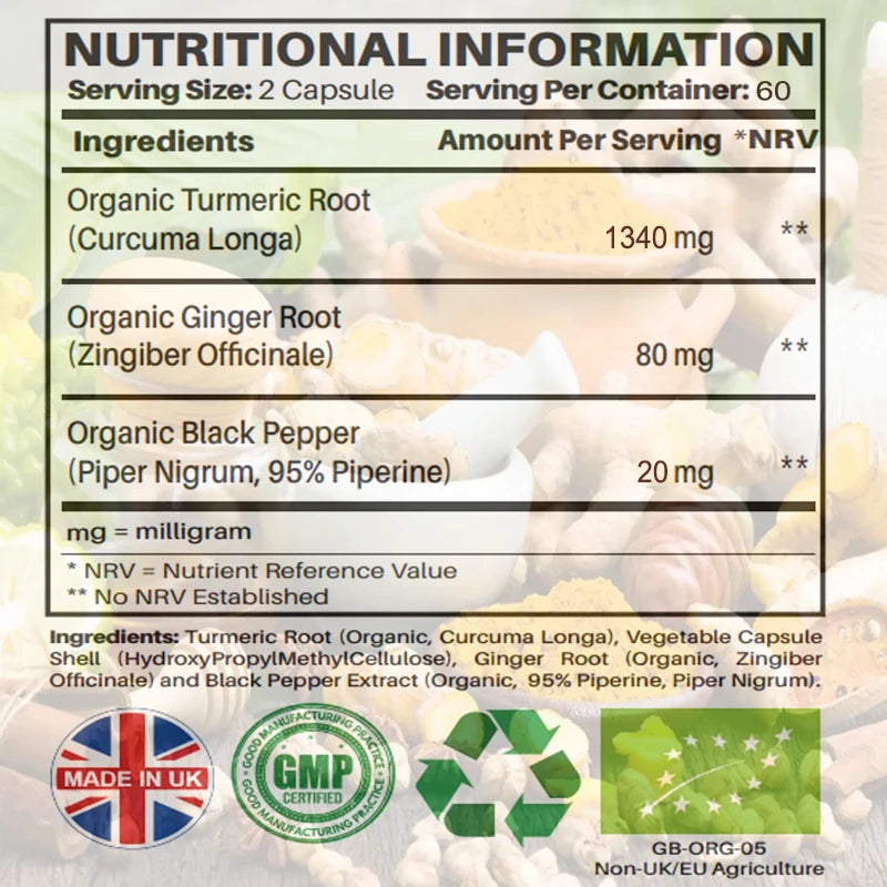 Organic Turmeric Capsules High Strength 1440mg | 120 Capsules with Black Pepper, Ginger & Active Ingredient Curcumin