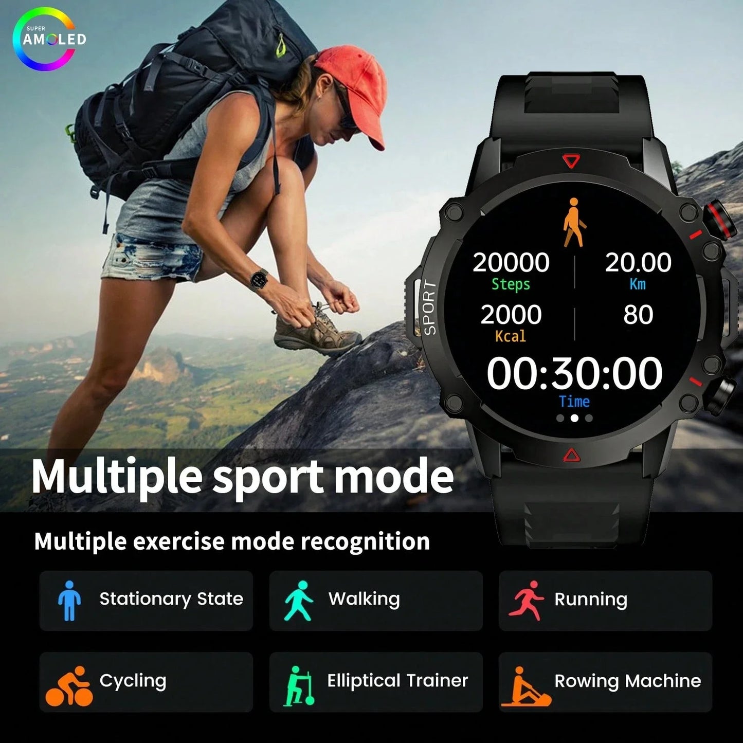 AMOLED SCREEN  Wireless Call, Multi-Sport Modes, Message Push, Remote Photo, Music Control, Outdoor Fitness Tracker|Sporty