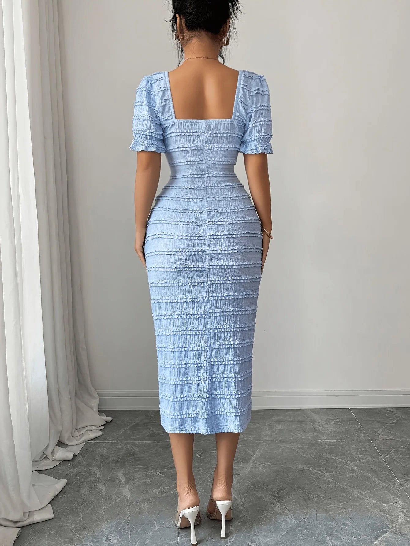 New Arrival Square Neck Short Sleeve Texture Knit Dress Elegant Versatile Slim Fit Midi Skirt Suitable for Women's Wear