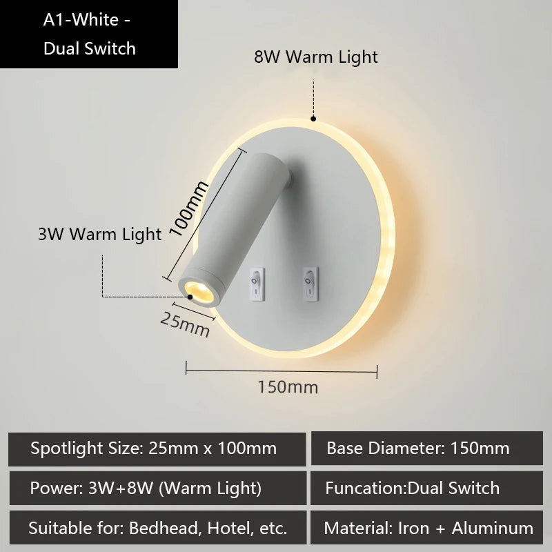 Modern Versatile LED Wall Sconce Lamp with Dual USB Ports & Adjustable Side Reading Lights for Modern Bedrooms Studiesand Hotels