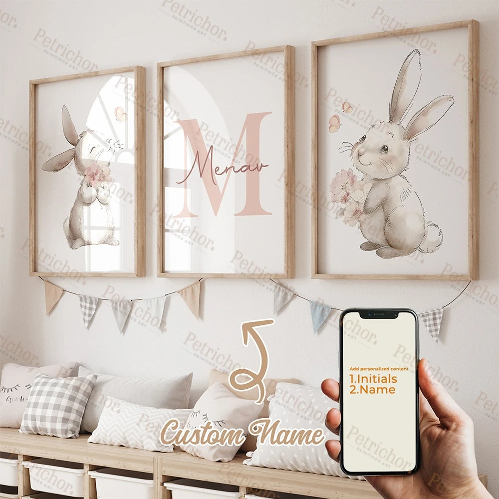 3pcs Personalized Name Custom Cartoon Animals Elephant Lion Wall Art Print Picture Living Room Kids Girl Room Home Decor Gift