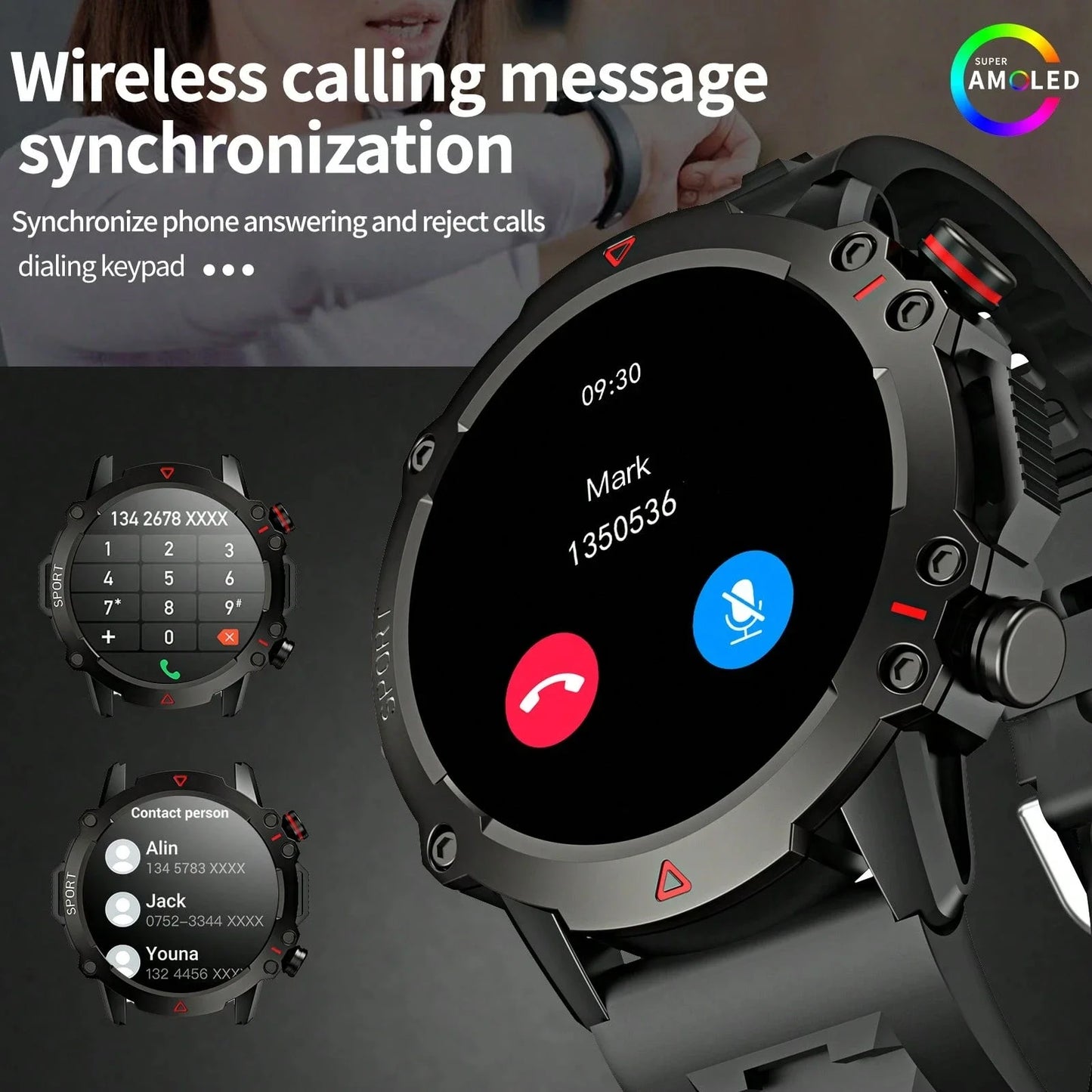 AMOLED SCREEN  Wireless Call, Multi-Sport Modes, Message Push, Remote Photo, Music Control, Outdoor Fitness Tracker|Sporty