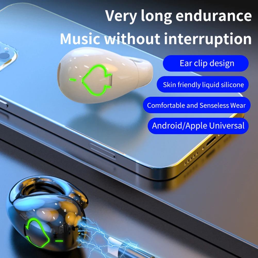 Bone Conduction Single Ear Clip Earphones HIFI Stereo IPX5 Waterproof Bluetooth-Compatible 5.3 Sport Gamer Headset