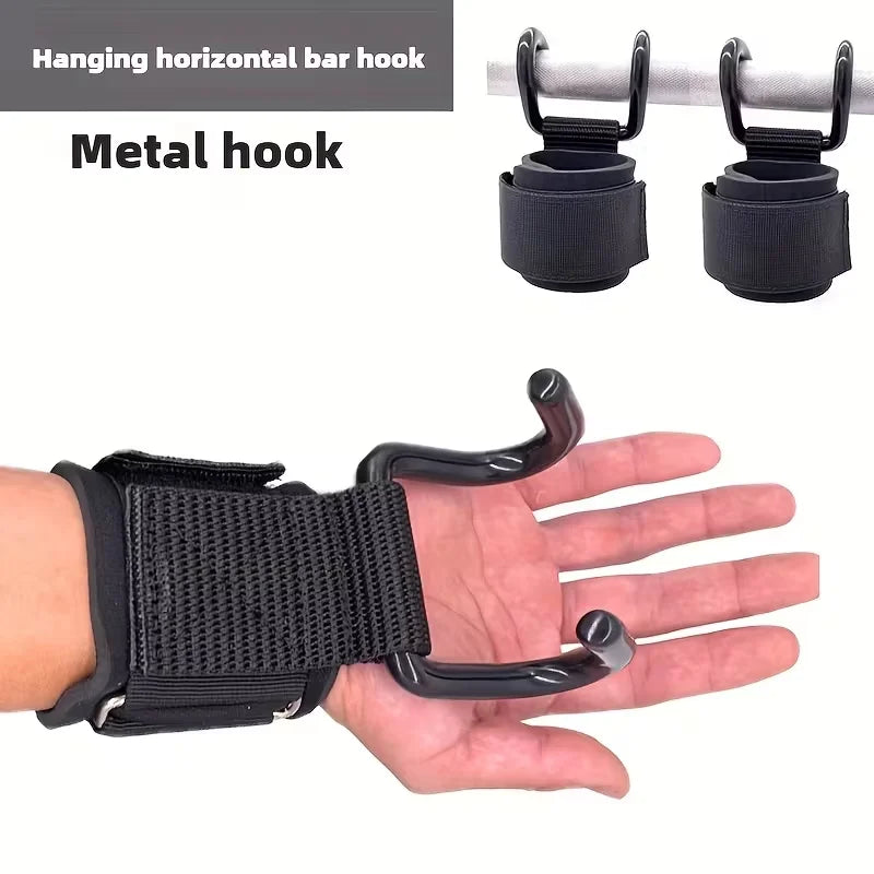 Heavy-Duty Metal Weightlifting Hooks - Adjustable Black Fitness Grip Straps with Horizontal Bar Attachment for Pull-Ups