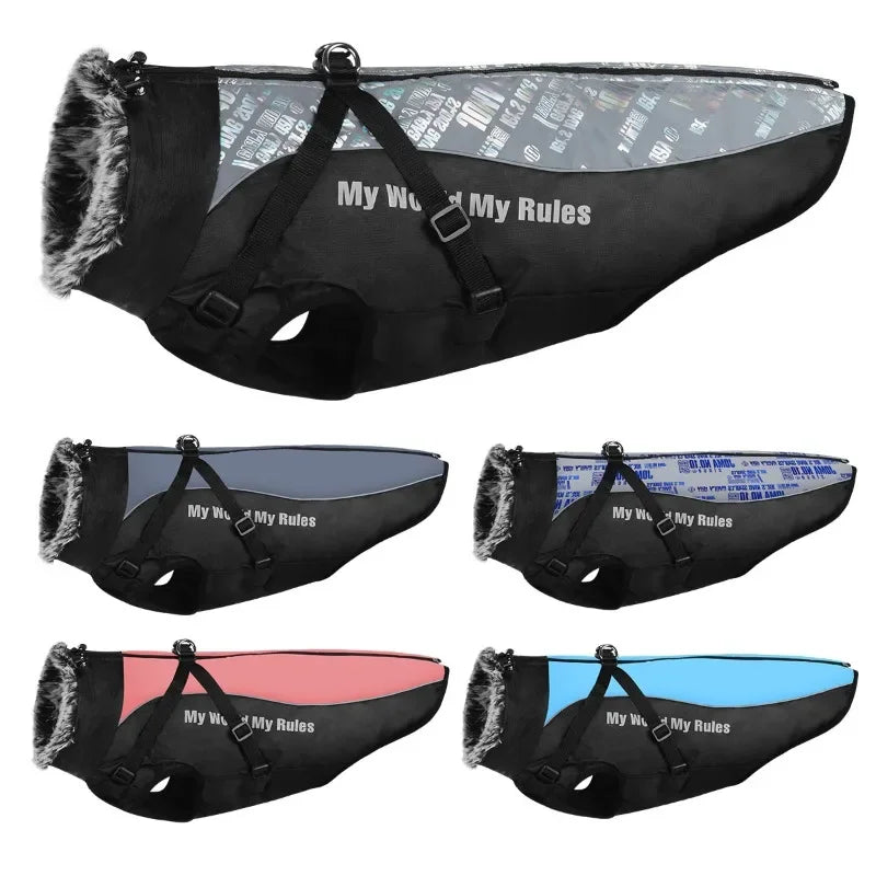 Xl-6xl Winter New Reflective Pet Clothing Dog Warm Fur Collar Black Cotton Coat Pet Jacket Large Dog Clothing Pet Supplies