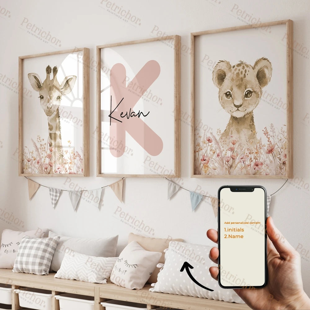 3pcs Personalized Name Custom Cartoon Animals Elephant Lion Wall Art Print Picture Living Room Kids Girl Room Home Decor Gift