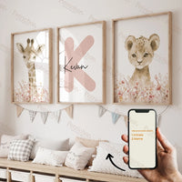 3pcs Personalized Name Custom Cartoon Animals Elephant Lion Wall Art Print Picture Living Room Kids Girl Room Home Decor Gift