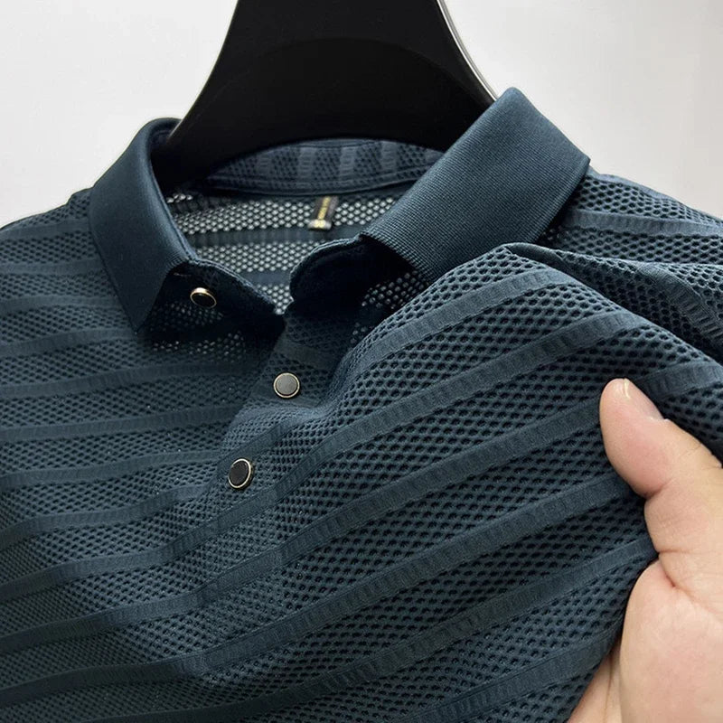 2024 Summer New High End Mesh Hollowed Out Ice Silk Short Sleeve T-shirt Men's Lapel  Breathable Polo Shirt Men Brand Clothing