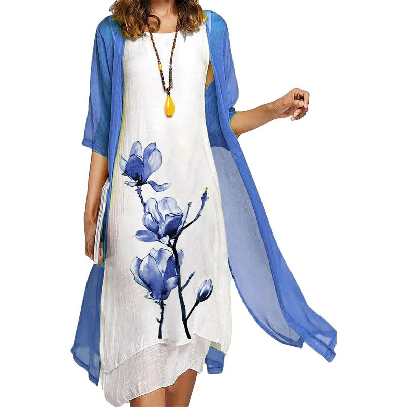 2024 Europe and the United States summer new women's casual dress two-piece set of printed round neck slim dress women