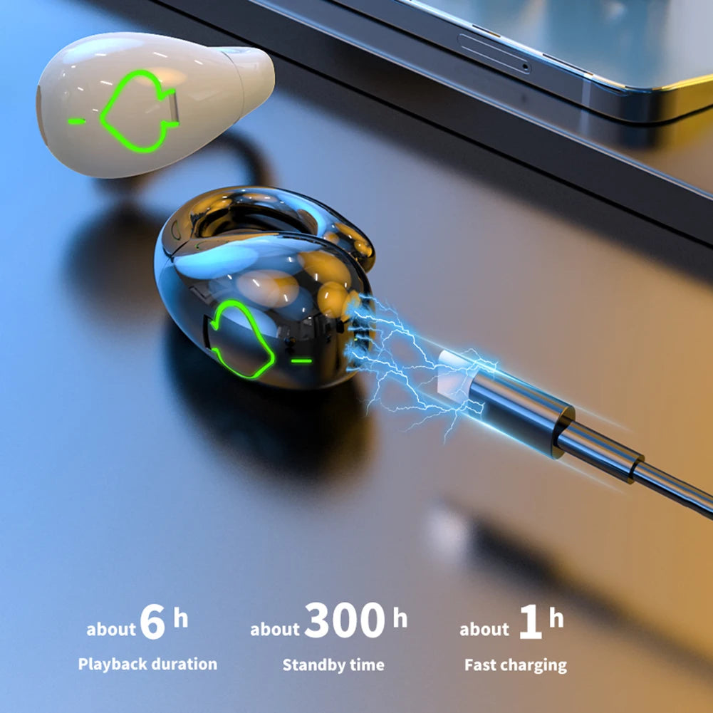 Bone Conduction Single Ear Clip Earphones HIFI Stereo IPX5 Waterproof Bluetooth-Compatible 5.3 Sport Gamer Headset