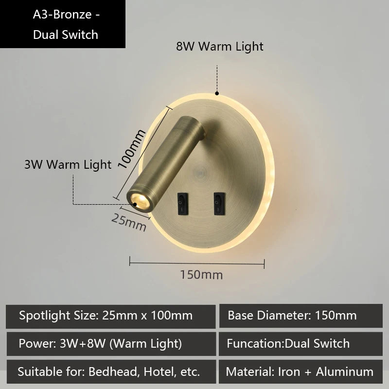 Modern Versatile LED Wall Sconce Lamp with Dual USB Ports & Adjustable Side Reading Lights for Modern Bedrooms Studiesand Hotels