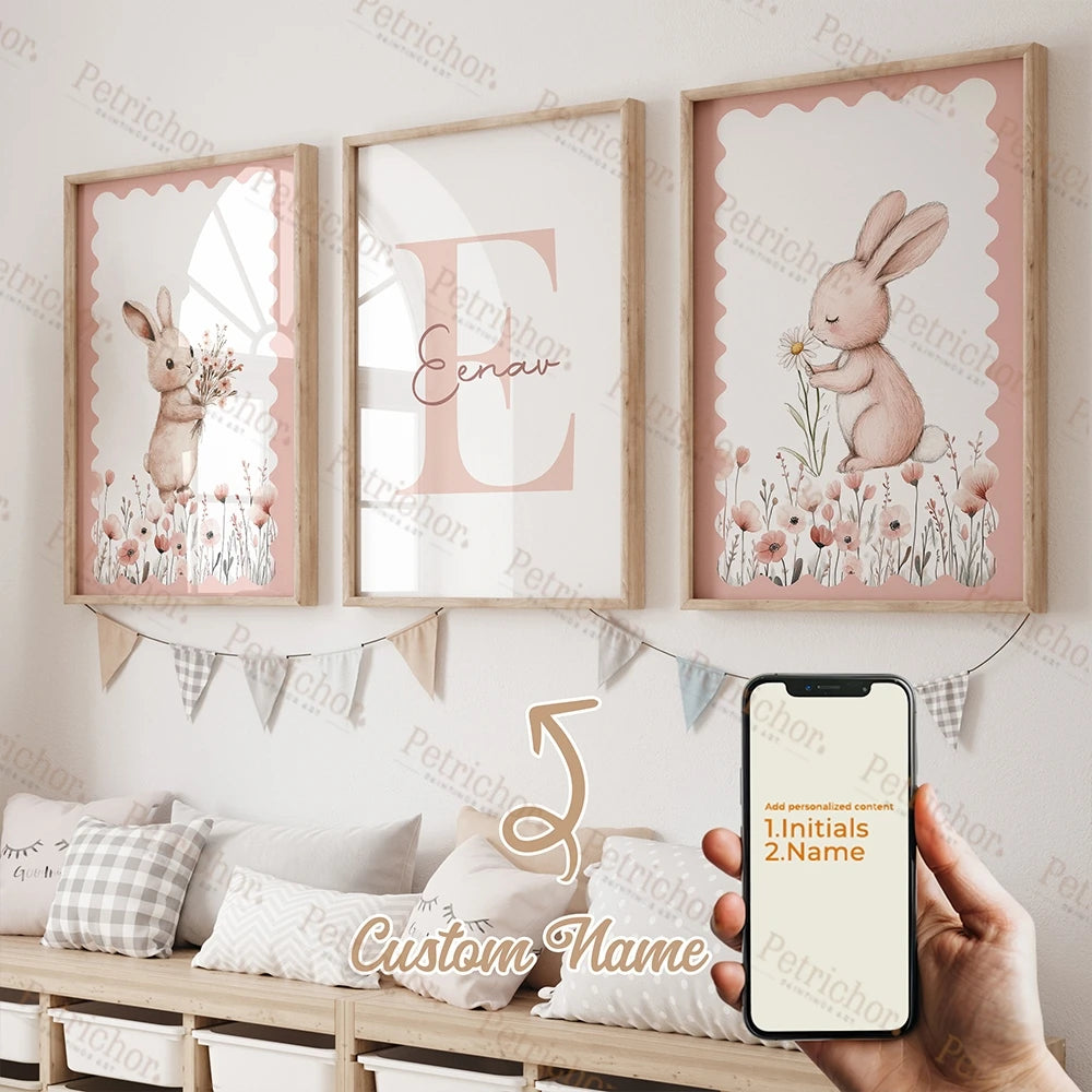 3pcs Personalized Name Custom Cartoon Animals Elephant Lion Wall Art Print Picture Living Room Kids Girl Room Home Decor Gift
