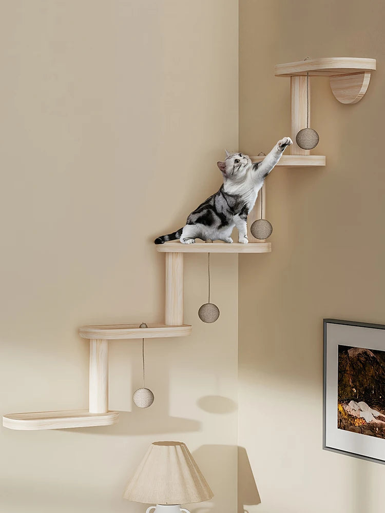 Wall Mounted Cat Climbing Shelves with 5 Step Wooden Cat Ladder Frame Cat Wall Steps Shelves for Sleeping Playing Climbing