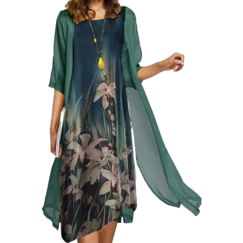 2024 Europe and the United States summer new women's casual dress two-piece set of printed round neck slim dress women