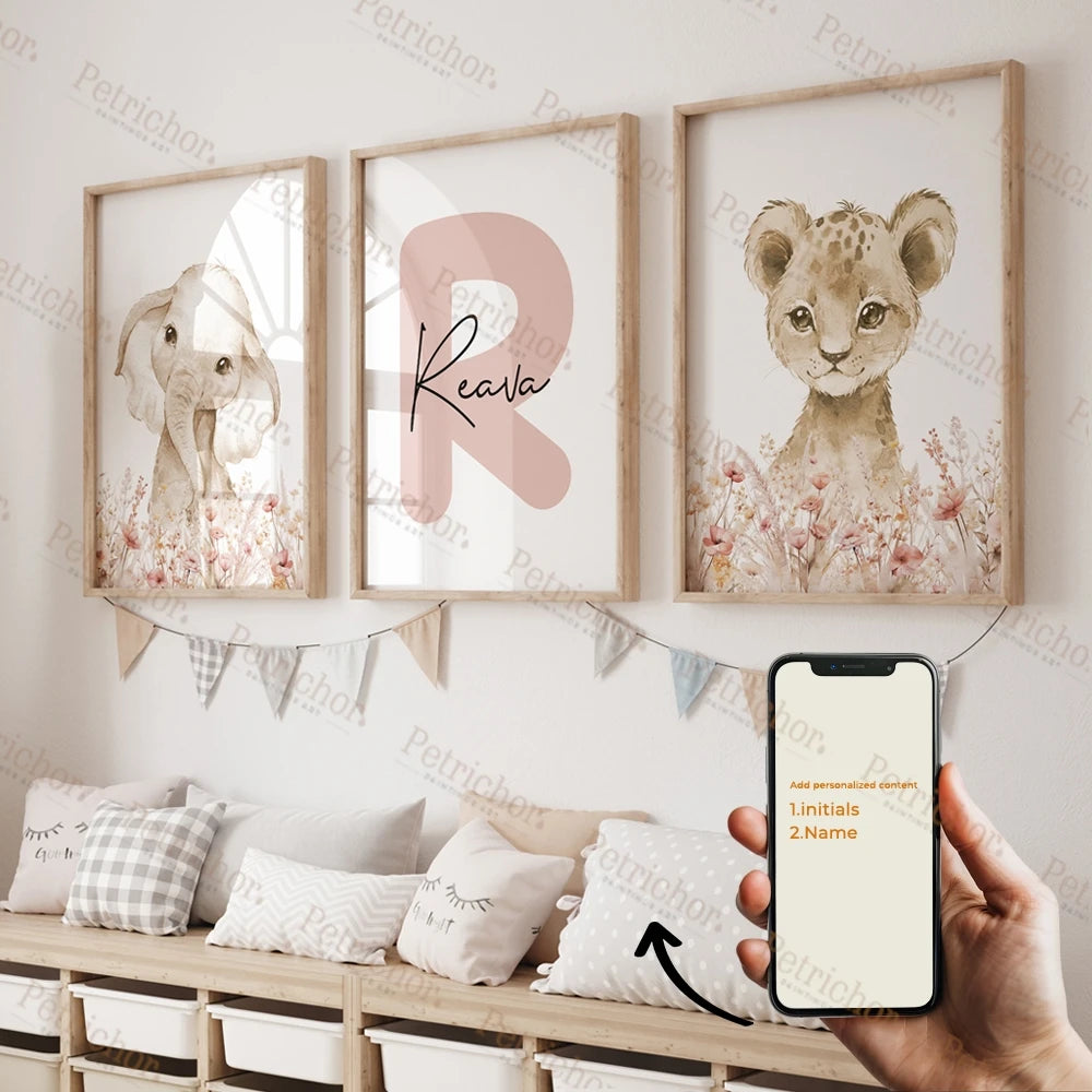 3pcs Personalized Name Custom Cartoon Animals Elephant Lion Wall Art Print Picture Living Room Kids Girl Room Home Decor Gift