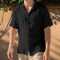 Men s Lightweight Linen Short Sleeve Button-Down Shirt Casual Solid Color Breathable Summer Tops Loose Fit Lapel Collar