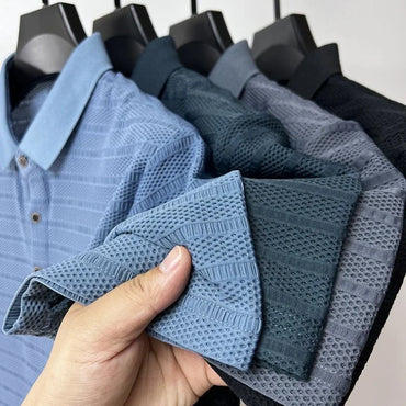 2024 Summer New High End Mesh Hollowed Out Ice Silk Short Sleeve T-shirt Men's Lapel  Breathable Polo Shirt Men Brand Clothing