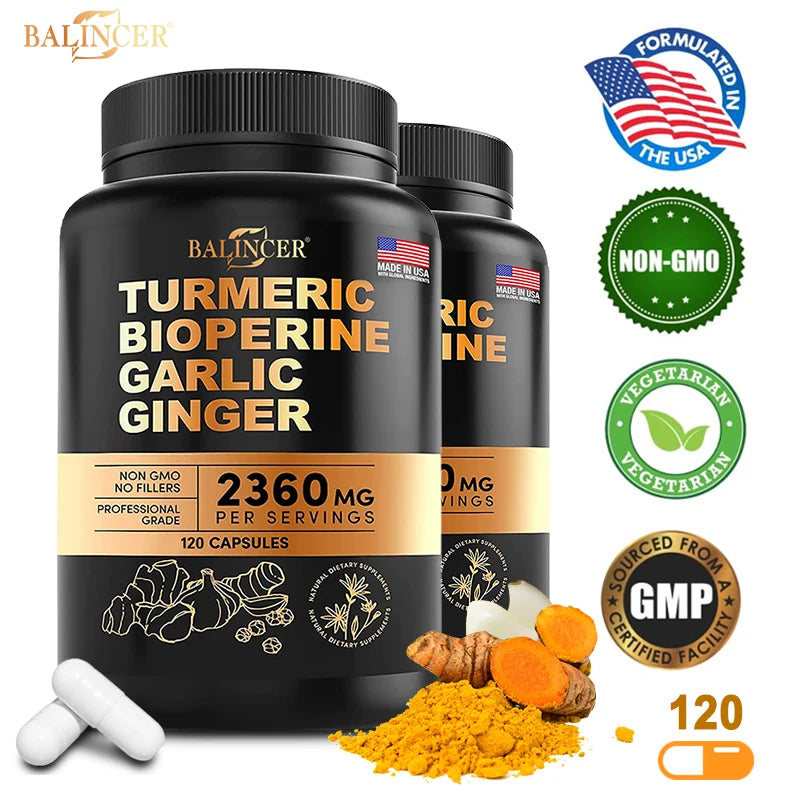 4-in-1 Turmeric and Garlic Supplements – 2360mg Turmeric Ginger Root Capsules with Garlic – High Potency Herbal Blend