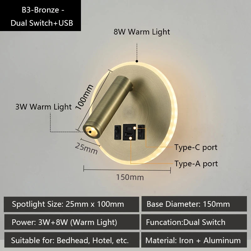 Modern Versatile LED Wall Sconce Lamp with Dual USB Ports & Adjustable Side Reading Lights for Modern Bedrooms Studiesand Hotels