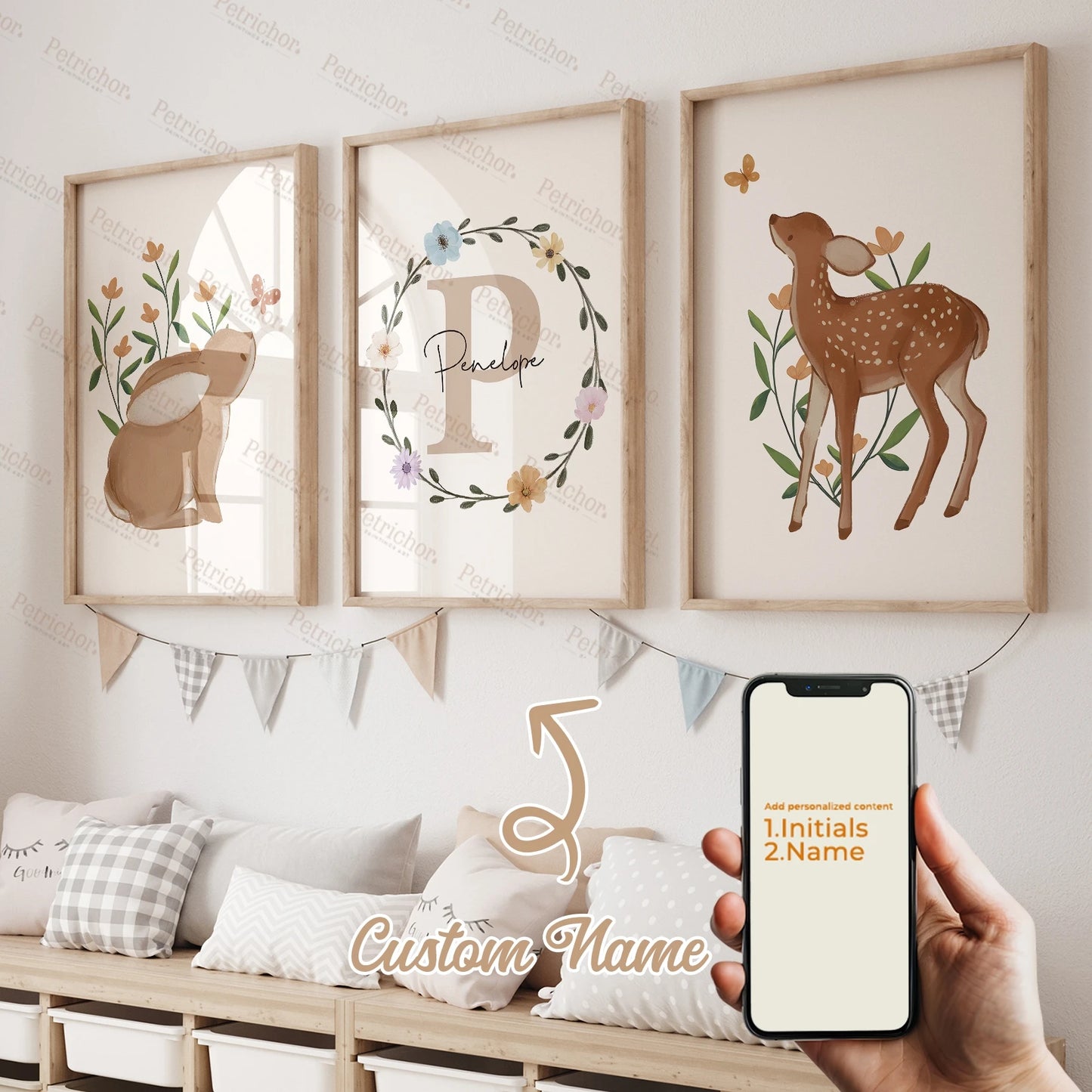3pcs Personalized Name Custom Cartoon Animals Elephant Lion Wall Art Print Picture Living Room Kids Girl Room Home Decor Gift