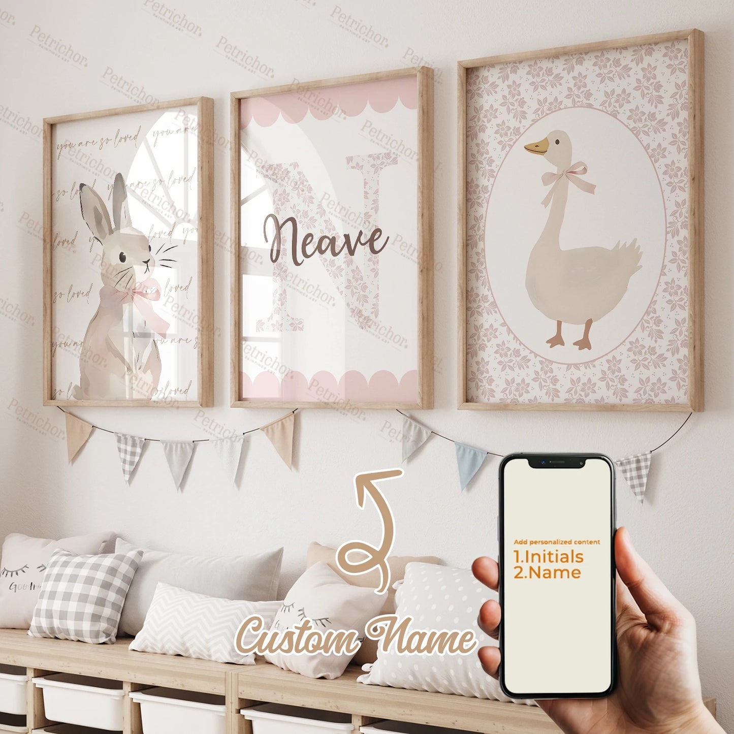 3pcs Personalized Name Custom Cartoon Animals Elephant Lion Wall Art Print Picture Living Room Kids Girl Room Home Decor Gift