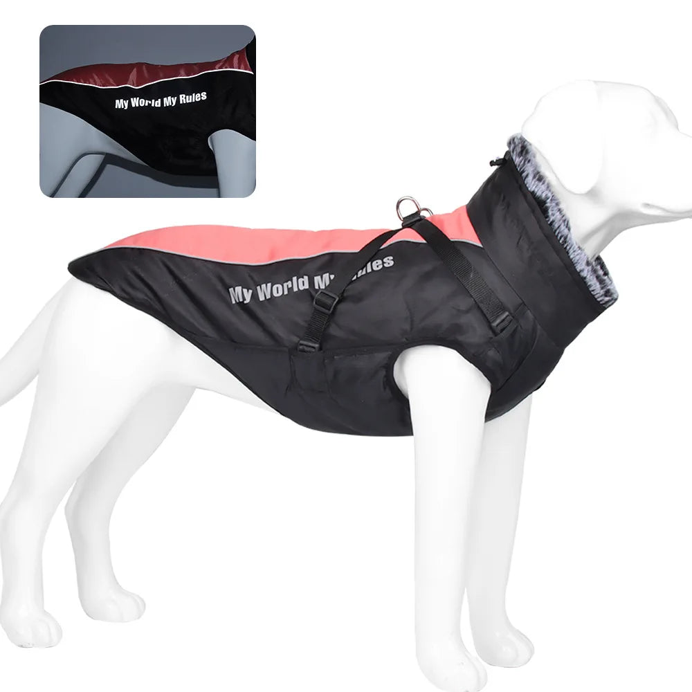 Xl-6xl Winter New Reflective Pet Clothing Dog Warm Fur Collar Black Cotton Coat Pet Jacket Large Dog Clothing Pet Supplies