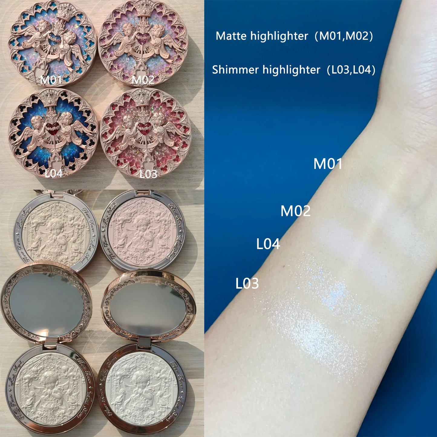 Flower Knows Little Angel Embossed Face Highlighter Palette Diamond Glitter 3D Contour Waterproof Long-lasting Makeup Shimmer 8g
