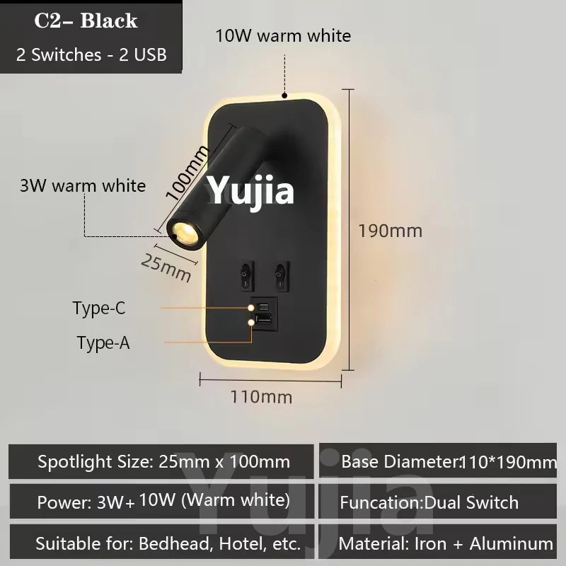 Modern Versatile LED Wall Sconce Lamp with Dual USB Ports & Adjustable Side Reading Lights for Modern Bedrooms Studiesand Hotels