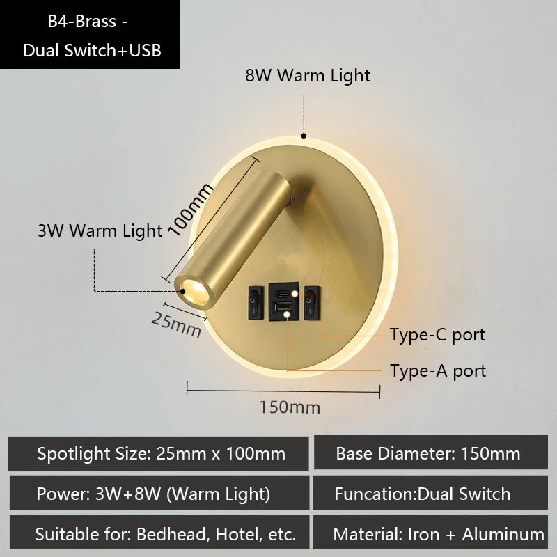 Modern Versatile LED Wall Sconce Lamp with Dual USB Ports & Adjustable Side Reading Lights for Modern Bedrooms Studiesand Hotels