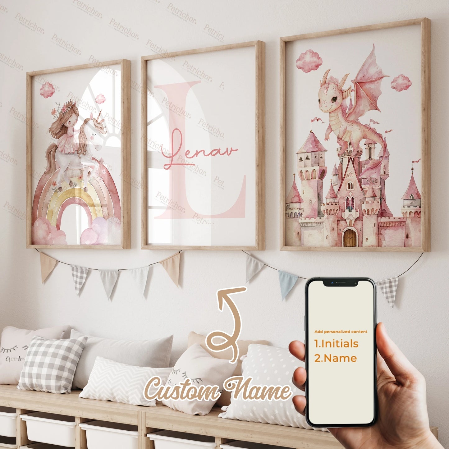 3pcs Personalized Name Custom Cartoon Animals Elephant Lion Wall Art Print Picture Living Room Kids Girl Room Home Decor Gift
