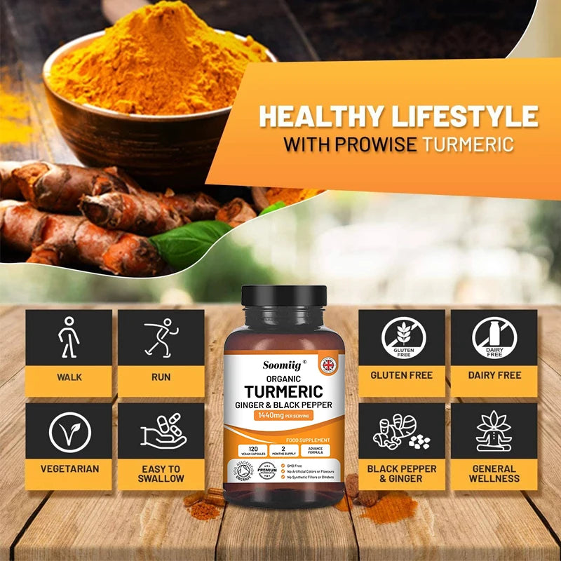 Organic Turmeric Capsules High Strength 1440mg | 120 Capsules with Black Pepper, Ginger & Active Ingredient Curcumin