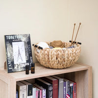 Natural Woven Water Hyacinth Decorative Bowl with Wooden Handles Home Storage Centerpiece Floral Arrangement Table Decor