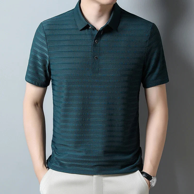 2024 Summer New High End Mesh Hollowed Out Ice Silk Short Sleeve T-shirt Men's Lapel  Breathable Polo Shirt Men Brand Clothing